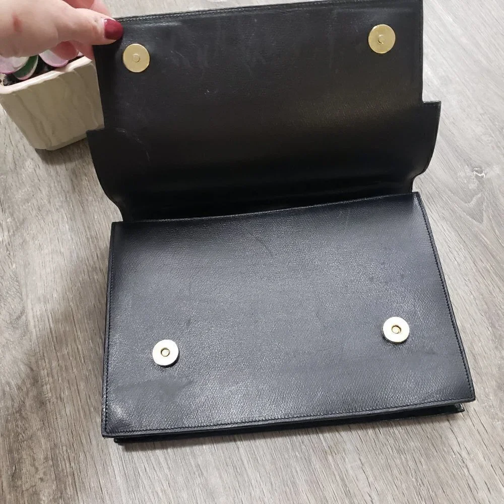 Vintage Genuine Leather Top Handle Handbag Black Gold - Picture 7 of 10